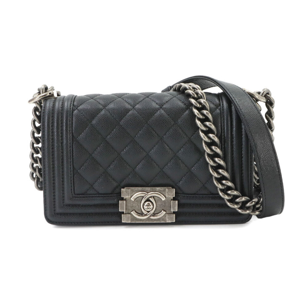 Chanel Boy Small Chain Shoulder Handbag, Caviar Leather, Black, A67085, Silve...